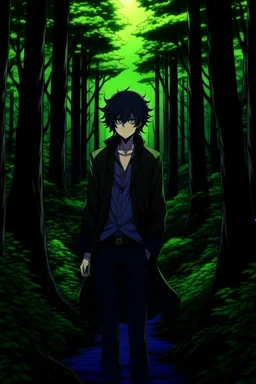 A anime handsome man standing in a dark forest