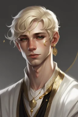 A young half elf man with White-Blonde, short hair, black eyes, dressed in white and gold with lots of jewelry, beautiful hero