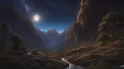 A stunning night sky seen from the bottom of a deep valley. a dying star. unicorn. exquisite realism, a masterpiece, fantasy concept art, dynamic lighting, intricately detailed, deep color, Unreal Engine, volumetric lighting, Epic cinematic brilliant stunning intricate meticulously detailed dramatic atmospheric maximalist digital matte painting. Larry Elmore.