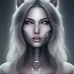 Shane, female grey wolf cybernetic eye, smile, high detail, full body shot, photorealistic, ultra realistic, hyper realism, vibrant