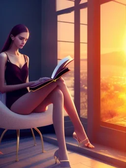 Beautiful, thin young woman, Arab home clothes, wavy hair, sitting on an office chair, reading a novel, next to a window, outside the window is sunset , 8k, finely detailed, photo realistic, cinematic