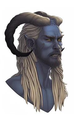 A tieffelin with blue skin and white Dreadlock hair. His pupil-less eyes are green. He wears a small beard.