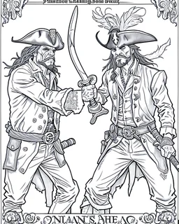 Pirates of the Caribbean: Dueling Pirates Coloring Challenge: Create an action-packed coloring page inspired by the Pirates of the Caribbean movie, featuring a dramatic scene with two pirates engaged in a thrilling sword duel. Capture the intensity of the battle with dynamic poses and expressions, providing ample space for young artists to color the characters and their surroundings in black and white. This coloring challenge invites kids to infuse their creativity into the high-stakes world of