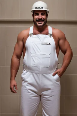 photography of a burly chubby italian plumber dressed with white overalls smiling under the opened shower 41 years old, bulge, manly chest