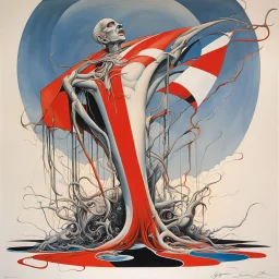 morally bankrupt, who loves when it comes undone?, asymmetric neo surrealism, by Gerald Scarfe, liquid matte oil paint, de stijl elements