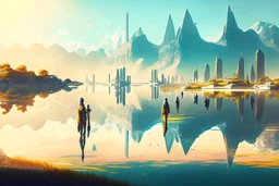 Sunny day, distant modern city, lake, lake reflections, people, mountains, sci-fi