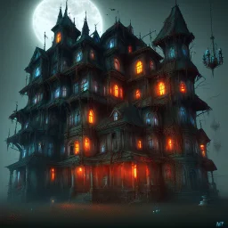 old haunted house, detailed, cyberpunk