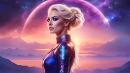 Full body portrait of a peaceful ((smiling)) gorgeous blonde Goddess of the galaxies with a blue indigo purple skin, high skul, luminous eyes, she is in a galactic sunset with a mothership in the sky behind.