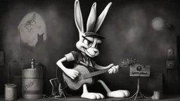 photorealistic deppressed dark melancholic sad Bugs bunny with blackeye deppressed doing music rock and roll dark heavy metal on a scene alcoholic, ciggaretes sad ciggarets