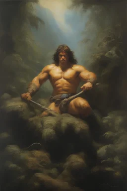 Tarzan, King of the Jungle - oil painting by Rembrandt, Frazetta, Boris, Brom, Julie Bell, Michelangelo, Caravaggio, Gilbert Stuart