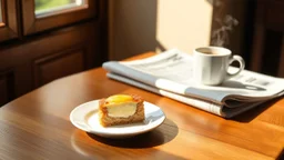 A single delicates cake filled citrone creme on a small ceramic plate on a wooden table. A steaming mug (possibly coffee or tea) and a folded newspaper are also on the table. Natural, warm sunlight streams in from a window on the left, casting pleasant shadows and creating a cozy, relaxed morning atmosphere