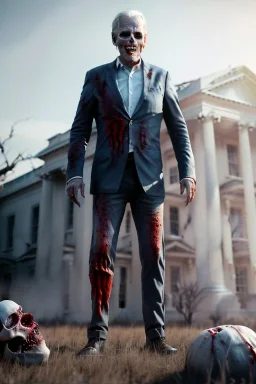 Ultra realistic image, joe biden zombie, zombie performance, skull, blood, torn arm, night, walking twisted, waist up view, thriller style, dark ambient, highly detailed, White House background, concept art, unreal engine 5, god rays, ray tracing, RTX, night lighting, ultra detail, volumetric lighting, 3d, finely drawn, high definition, high resolution.