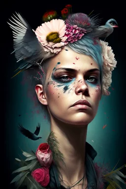 portrait Punk, Angel, portrait of a woman, flowers, birds