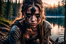 Warrior girl with thick black tears down her face, gritty, crouching down low at edge of thick forest looking at lake shore, at dawn, focused, determined, photo realistic photograph