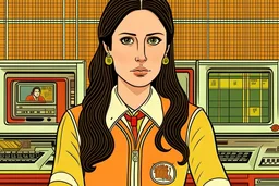 Wes Anderson cartoon of a darkhaired woman who loves computer science, social media, feminism and Liverpool F.C.