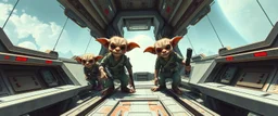 airbrush and pen outline, french art , extreme close up on cheeky fluffy weasel hairy goblin military prison guard troupe news anchor elf family scumbag on the open bridge between two space stations, in the style of Escher and Giger and Fallout 4, pinhole cam, airbrush 3d rendering