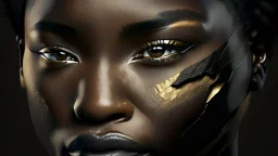 a beautiful black woman face made of kintsugi seam, photo realistic, 16K