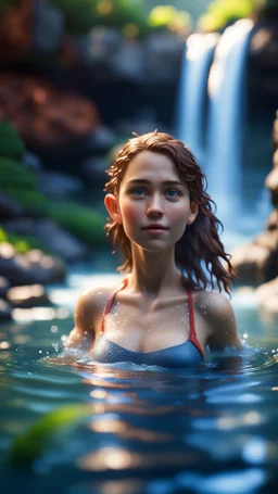 dork girl swimming in waterfall,bokeh like f/0.8, tilt-shift lens 8k, high detail, smooth render, down-light, unreal engine, prize winning