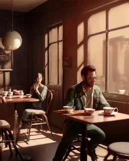 Cafe people, realistic photo, Alfred Hitchcock concept art, smooth, unreal engine 5, god lights, ray tracing, RTX, lumen lighting, ultra detail, volumetric lighting, 3d.