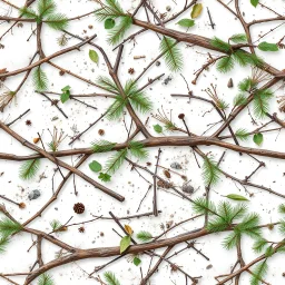 Real Tree Camouflage made of sticks, twigs, leaves, pine branches, snow and dirt, white background, seamless repeatable texture pattern imitating a natural forest background