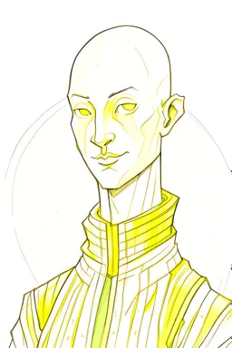 full colour drawing, portrait, 22-year old friendly slender female human cleric, shaved head, blonde eyebrows