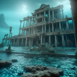 lost underwater city, Poseidon, highly detailed, cinematic, ultra photorealistic, ultra realistic, volumetric lighting, sun shafts, spectral