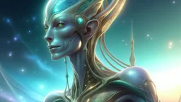 gorgeous female humanoid alien, slender muscular warrior, looking over shoulder at the sky, tentacles, coper zinc orichalcum jewelry and piercings, beautiful face, mesmerizing starry eyes, smooth translucent skin, hourglass, size DD.