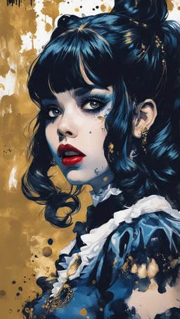 Poster in two gradually, a one side malevolent goth vampire girl face and other side the Singer Melanie Martinez face, painting by Yoji Shinkawa, darkblue and gold tones,