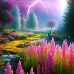 flowery landscape with a stunning bright fairy, soft pastel colors, soft lightning