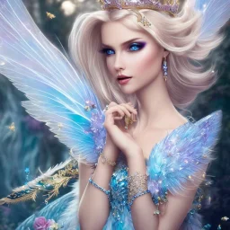 Fantasy cute fairy with wings, smiling, make up, long blond platinum hair, blue eyes, crown, beautiful dress, flowers in background, HQ