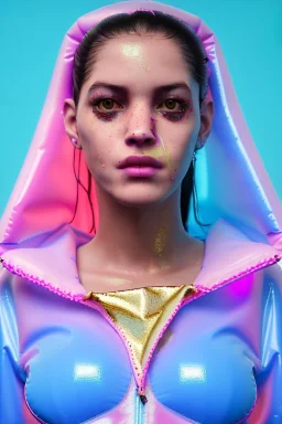 Ultra Realistic image, Rosalía artist, portrait, normal complexion, waist up portrait, long black eye line, sweet face, t-shirt with holes, inflatable open coat, gold pink and blue style, spray glow make up, geometric led jewelry, fog, hot, inflatable style latex coat, vibrant color, highly detailed, art stations, concept art, smooth, unreal engine 5, god rays, ray tracing, RTX, lumen lighting, ultra detail, volumetric lighting, 3d, finely drawn, high definition, high resolution.