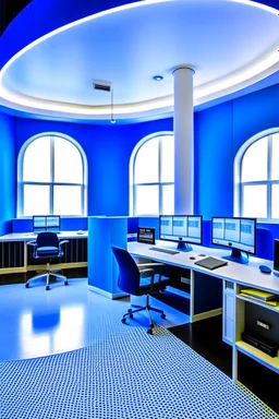 The office desks are hung on the walls in an oval shape, and the color of the walls is blue and the floor is white