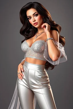 lfullbody pose of A stylized 3D render of Madison Beer portrayed as a glamorous modern pop icon with a soft yet confident aura. She has radiant, porcelain skin, long voluminous dark brown hair cascading in gentle waves, and captivating hazel eyes framed by bold lashes and shimmering makeup. Her outfit is a chic, form-fitting ensemble—a glittering silver crop top paired with high-waisted satin pants and a long translucent cape that flows behind her, catching the light. Delicate jewelry lace bikin