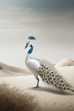 All white textured peacock in a background desert