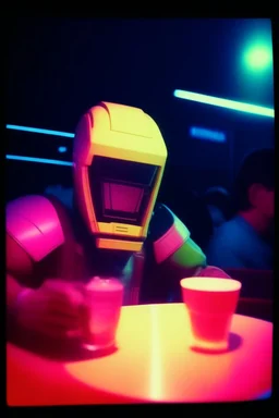 Depressive robocop night tokio drinks neon, clown party, fugifilm polaroid