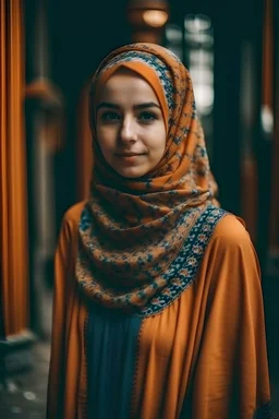 Seorang gadis ber jilbab pashmina, berpakaian busana muslim
