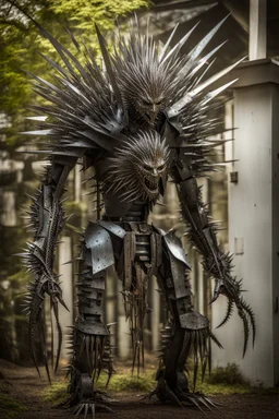 A sinister humanoid creature made entirely of sharpened metal blades and spikes stands before a mechanical tree Photograph.