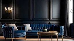 Blue sofa and armchair against black paneling wall. Art deco home interior design of modern living room.