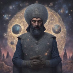 The Muslim commander in a battle dress made of galaxies and stars with a glove that has seven endless stones with a powerful army behind him A forest with dense trees