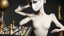 MASKED WOMAN WITH MYSTERIOUS EYES IN A TIGHT BLACK PERIOD COSTUME WITH WHITE LACE RIBBONS, IN FRONT OF A CHESS TABLE WHOSE PIECES ARE STRANGE BIOMORPHOIC CREATURES, CLOSE-UP ON A FOOT DARK BACKGROUND