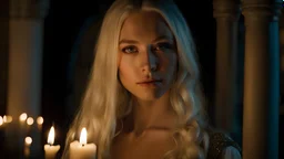 Professional and high quality photo portrait closeup of a beautiful caucasian teen girl with long platinum blonde hair and delicate facial features wearing a medieval gown standing in a candle lit castle bedroom at night looking at viewer.