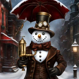 Surreal steampunk snowman mayor; snowman wearing a distressed leather top hat, brass googles resting, tin can pipe snugly fit in the corner of its mouth, steampunk mechanical arm holding an ornate metal umbrella, winter wonderland adorned with intricate steampunk enhancements, juxtaposed with traditional Victorian snow-capped townhouses, brass gear clock perched on a corner building, all drawn with excruciating absurd abundance of delicate detail, by Moebius.