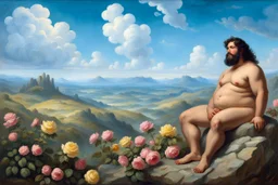 a handsome, fat man with a well-groomed, bearded face and long, black curly hair. He is sitting naked on a rock, surrounded by a picturesque valley adorned with pink and yellow rose flowers. The spring sky above is adorned with breathtakingly beautiful clouds. like oil paintings 19th century