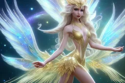  beautiful cosmic fairy, long hair, golden skin, nice smiling, transparent wings, magic glamour make up, delicate colors, beautiful glamour galactique dress, ultra sharp focus, 8k, unreal engine 5, extremely sharp detail, light effect, soft light atmosphere of a spaceship, smooth, full of details, face in front, complete vision of face and hair and body