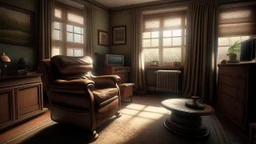 Photorealistic wide shot of an old woman's living room. Tidy and sparsely furnished with a well-loved comfy leather recliner, sidetable and older tv. The recliner faces the tv. A small stool on wheels sits beside the tv. There is an open window with open drapes. The drapes appear to be hand sewn and tidy. The room feels empty and is bright but slightly desaturated