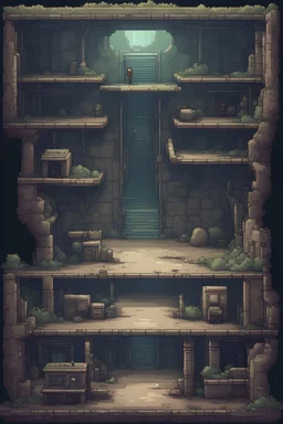 2d pixel art environement, old abandoned human underground military base. platform video game
