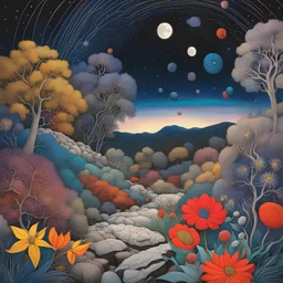 Colourful, peaceful,, Max Ernst, night sky filled with galaxies and stars, rocks, trees, flowers, one-line drawing, sharp focus, 8k, deep 3d field, intricate, ornate