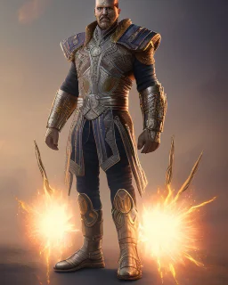 An armor made of a mixture of steel and leather, worn by a strong commander with magical power K's infinity gauntlet has six infinity stones While standing on a majestic height from afar A flaming-eyed commander with flaming light blue pupils stands atop a squire