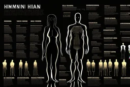 infographic about humans beings, black background, strang gliphs, few text with big characters