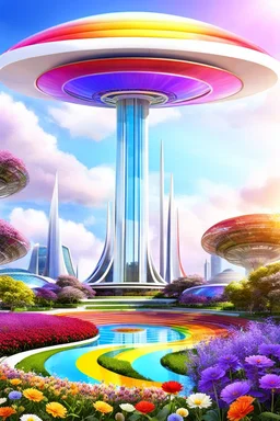 colors, very beautiful, ,flowers, garden,rainbow, cité futuriste ultra moderne, ufos